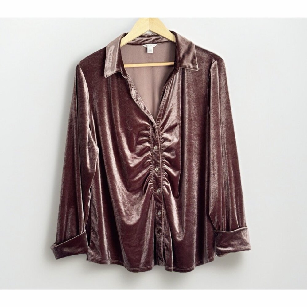 Cato Brown Velvet Ruched Button Down Top Women’s 18/20W Holiday Party Glam Chic - Picture 3 of 10